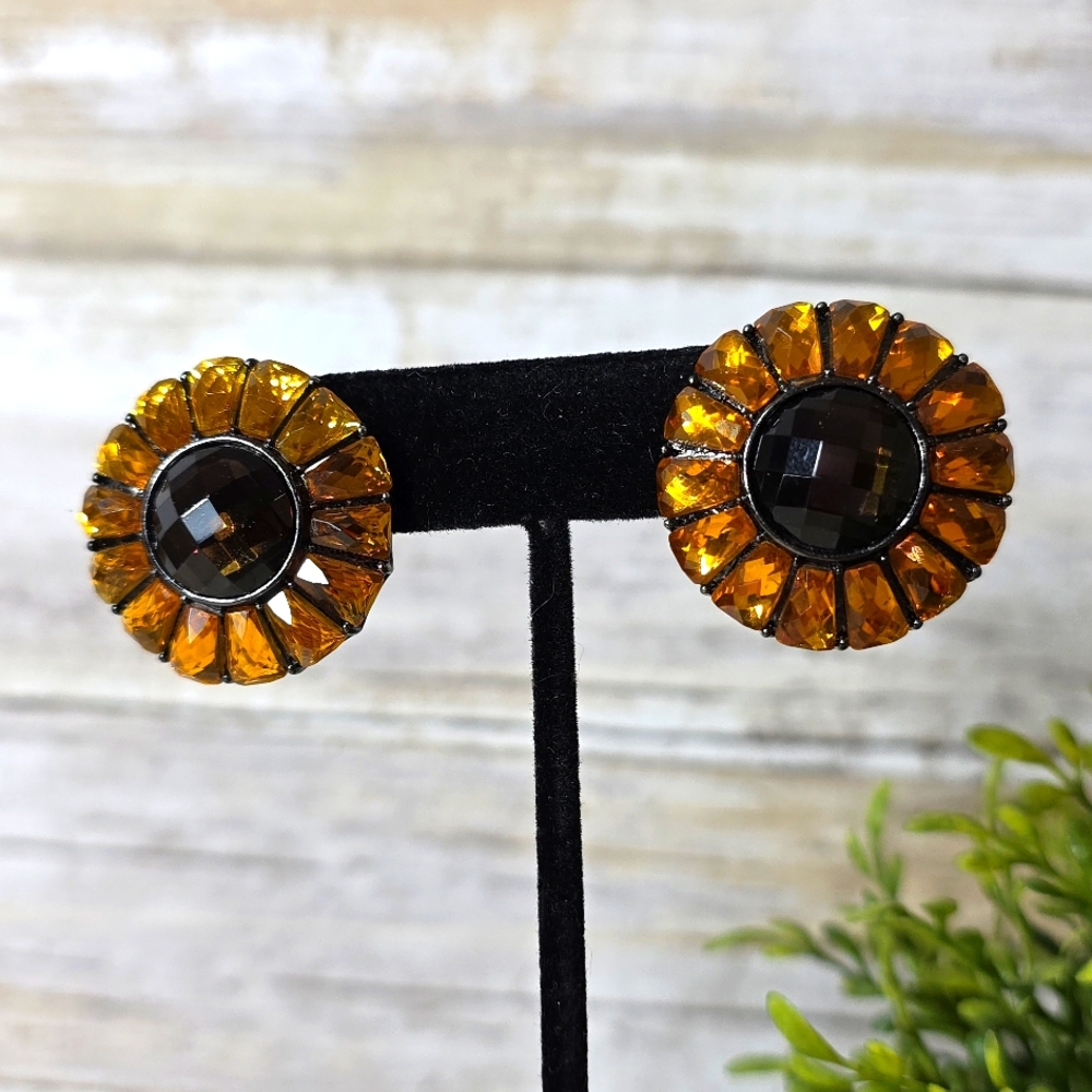 Vintage Joan Rivers Crystal Sunflower Pierced Earrings EUC